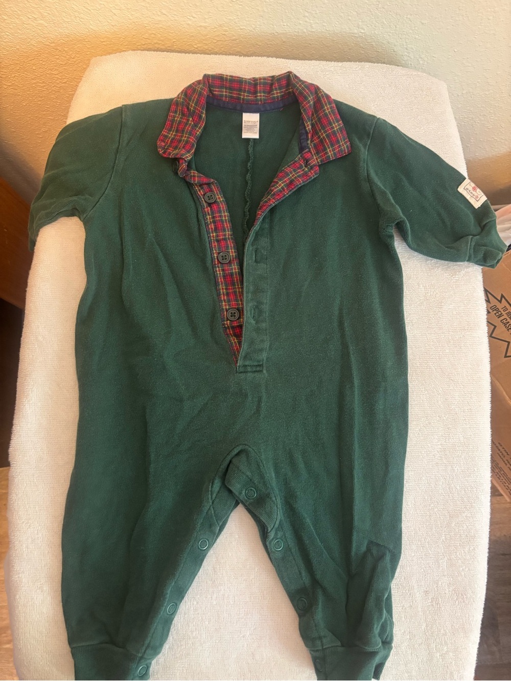 Vintage Lands End Green Plaid-Collar Baby One-Piece 1990s 100% cotton
